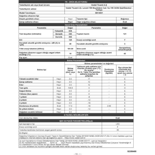 Vestel SB14001 121 Lt Mini Buzdolabı - Görsel 4